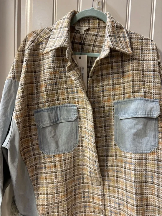 Dance & Marvel Plaid Tan Jacket with Light Blue Denim Sleeves - Picture 6 of 9